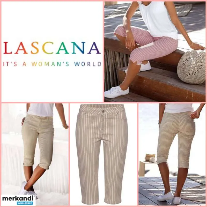 020107 Pantalón Lascana de rayas 3/4 para mujer. Un modelo. Colores: rosa y beige con rayas blancas