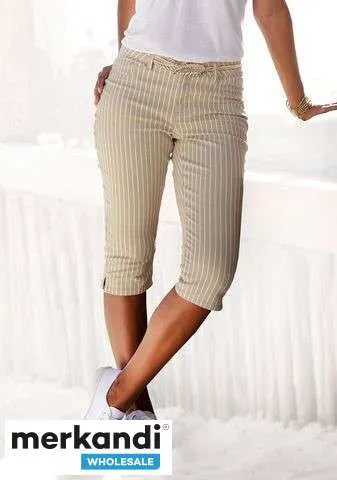 020107 Pantalón Lascana de rayas 3/4 para mujer. Un modelo. Colores: rosa y beige con rayas blancas