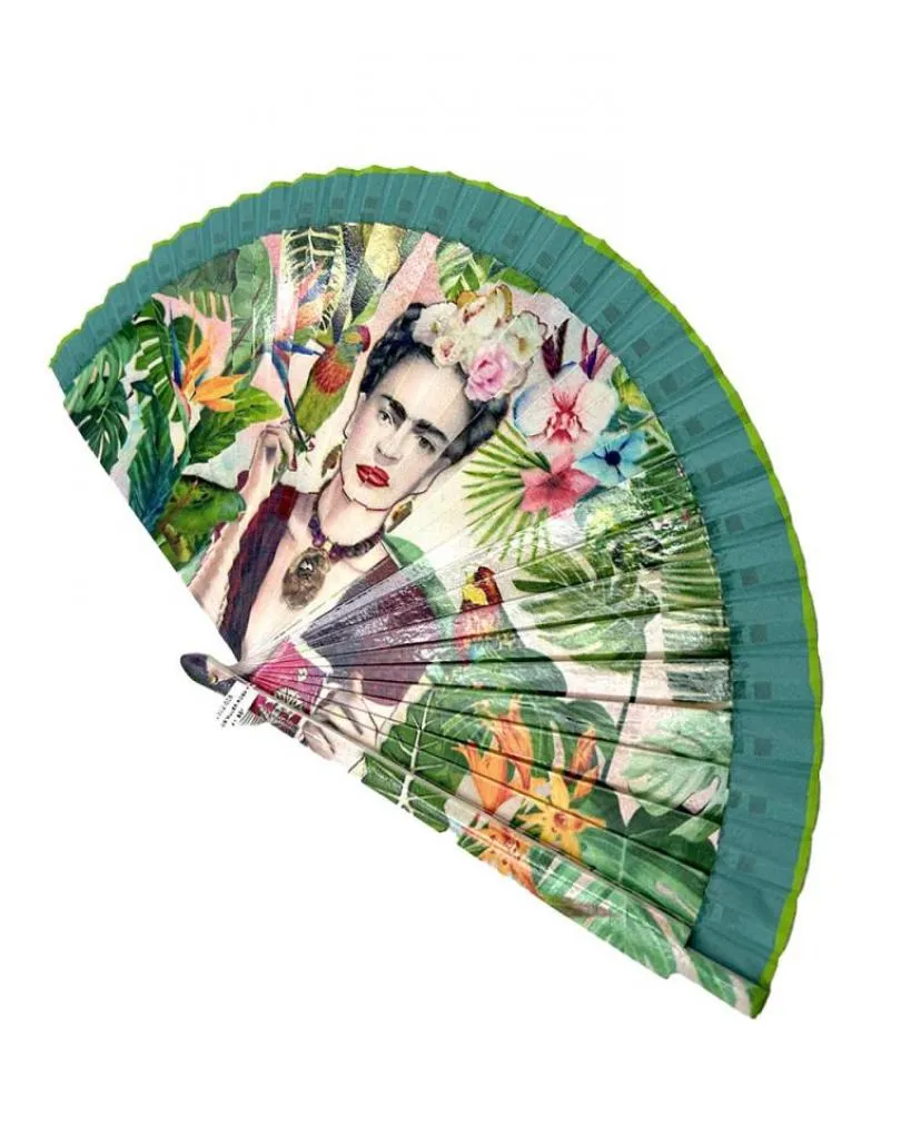 ABANICOS ROSAS Y VERDES HOMENAJE A FRIDA CON GUACAMAYO