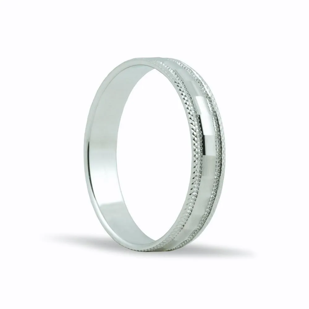 Alianza de oro blanco 18k de 4 mm con bordes con dibujo