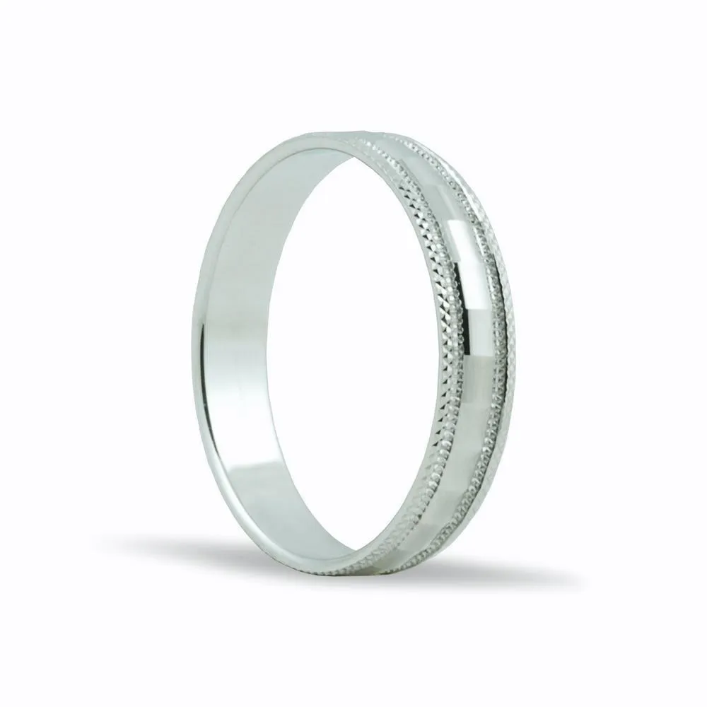 Alianza de oro blanco 18k de 4 mm con bordes con dibujo