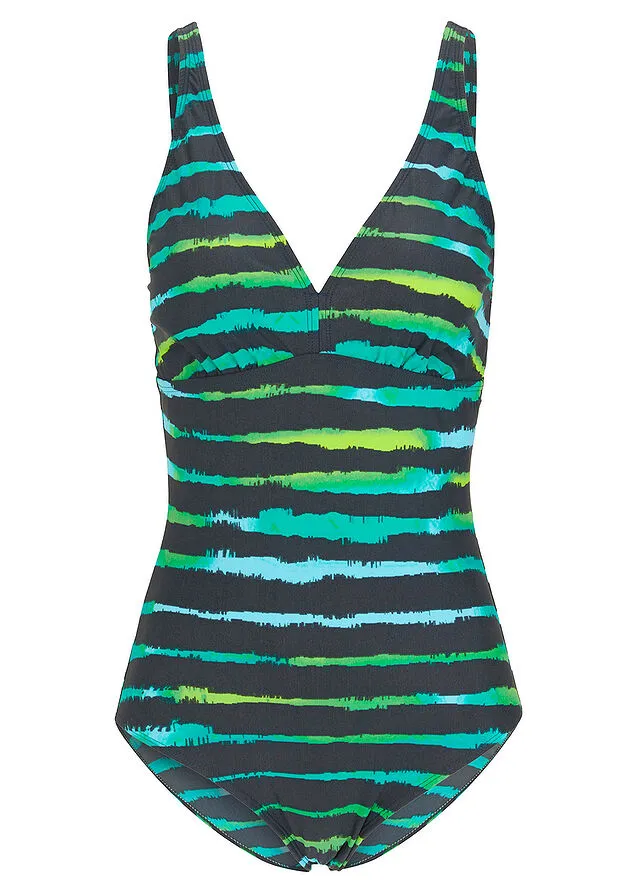 Bañador con efecto reductor, nivel 3 gris/verde/amarillo con rayas