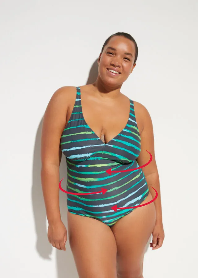 Bañador con efecto reductor, nivel 3 gris/verde/amarillo con rayas