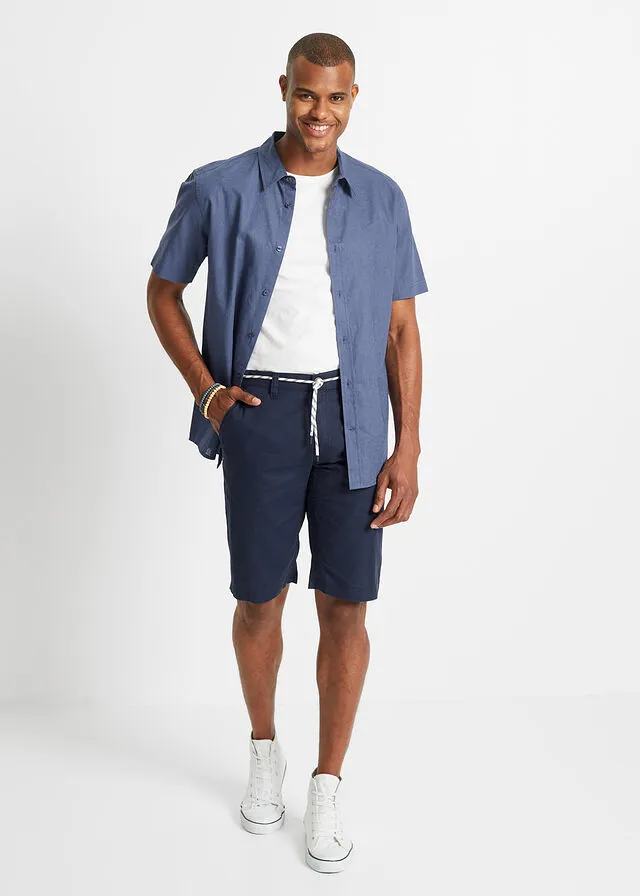 Bermuda estilo chino con lino, cordón y corte regular Azul marino