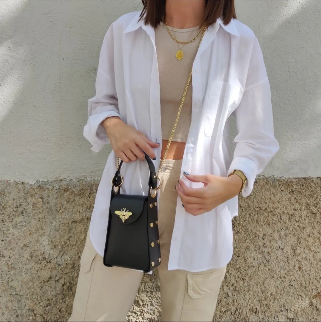 Bolso piel abeja negro solapa