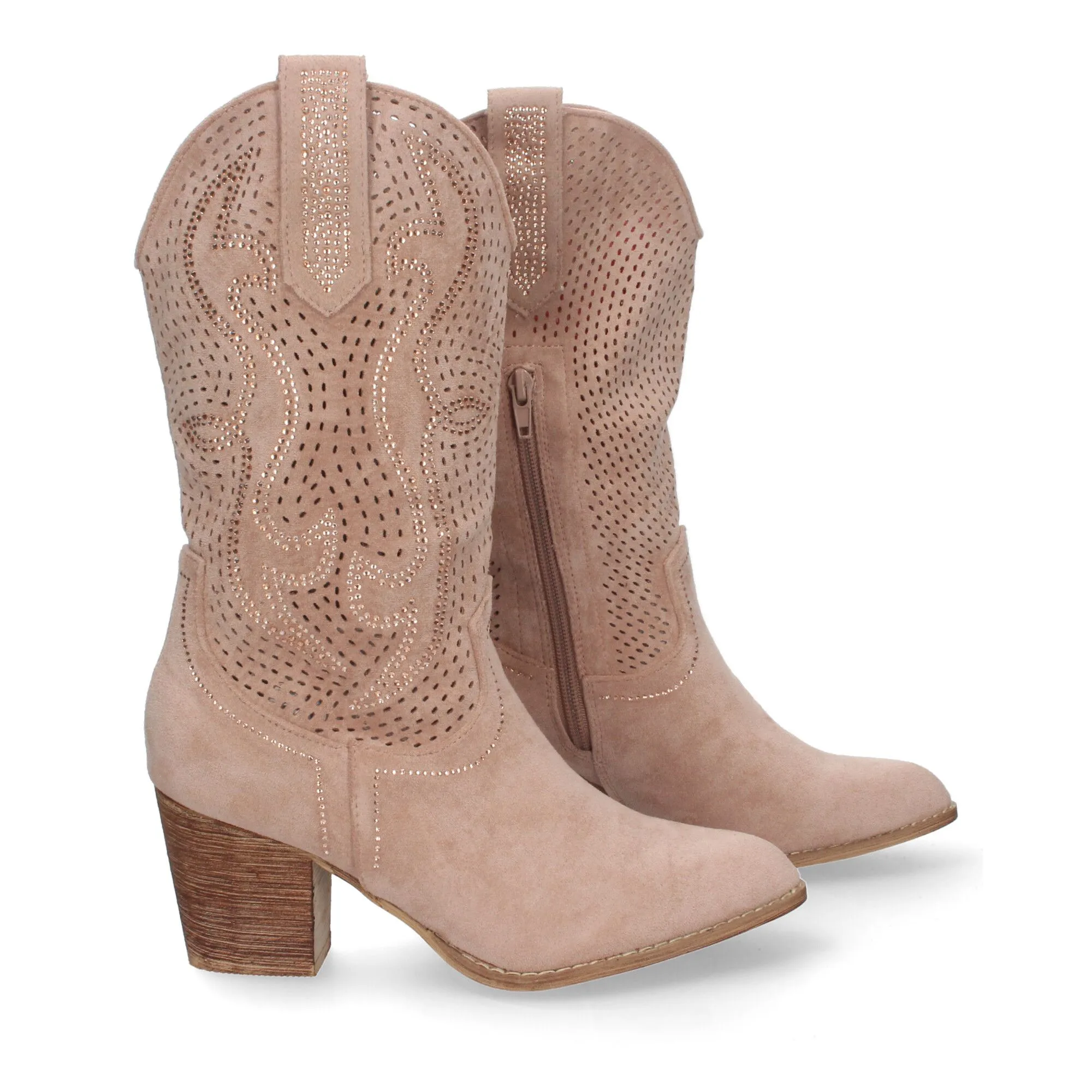 BOTAS TACóN CAMPERO CAñA CALADA COWBOY MUJER COLOR ROSA A3237