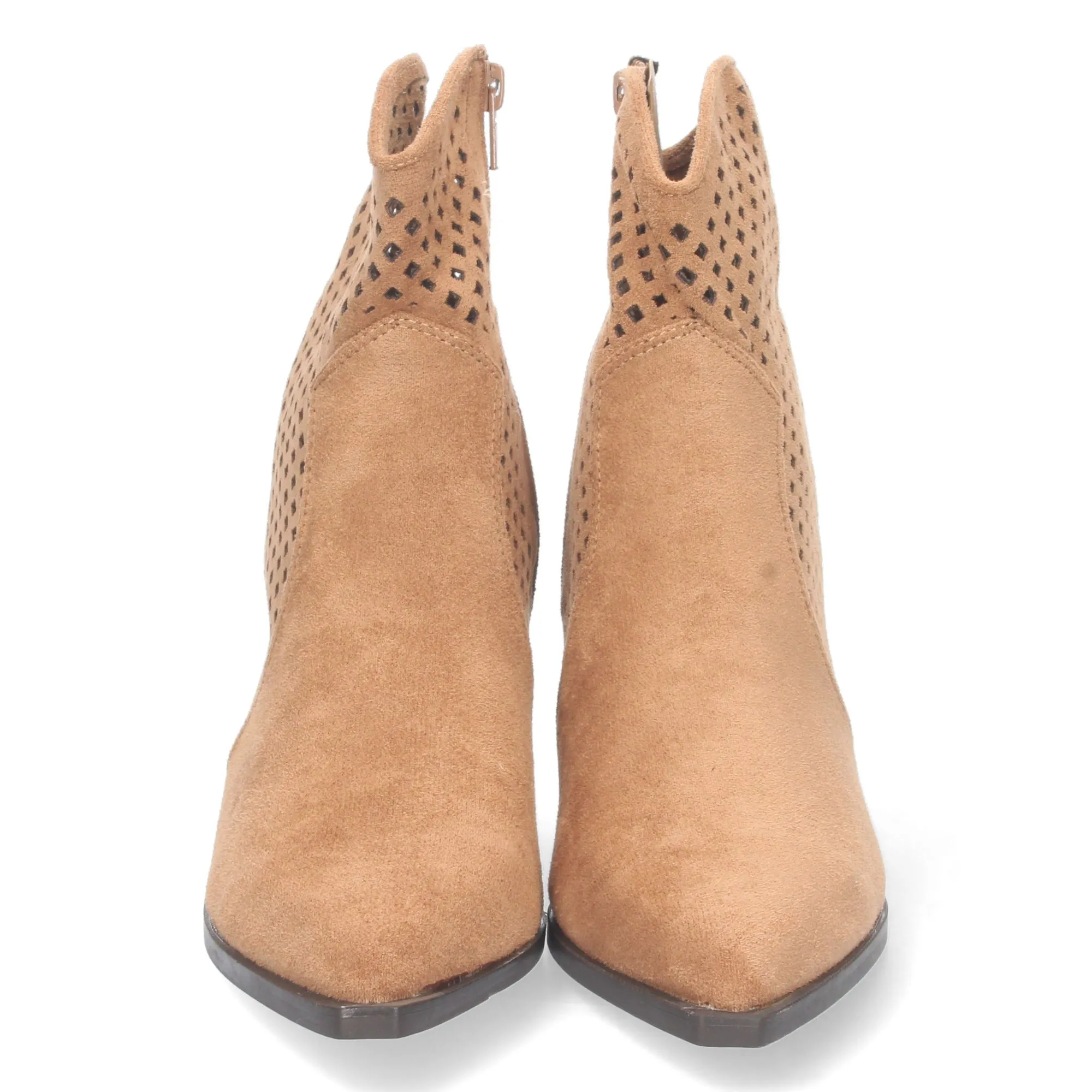 Botines estilo cowboy con calados y cremallera mujer color camel