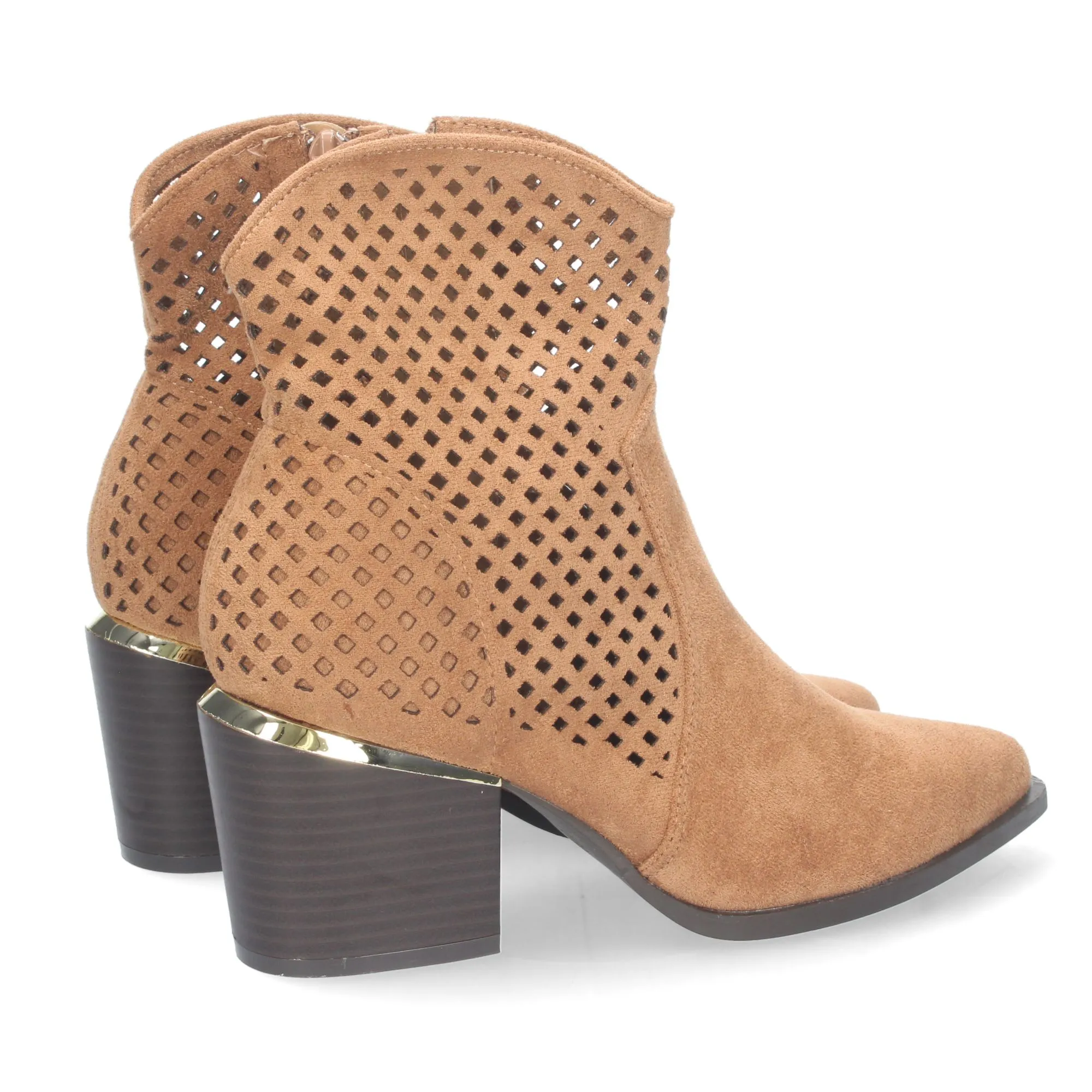 Botines estilo cowboy con calados y cremallera mujer color camel