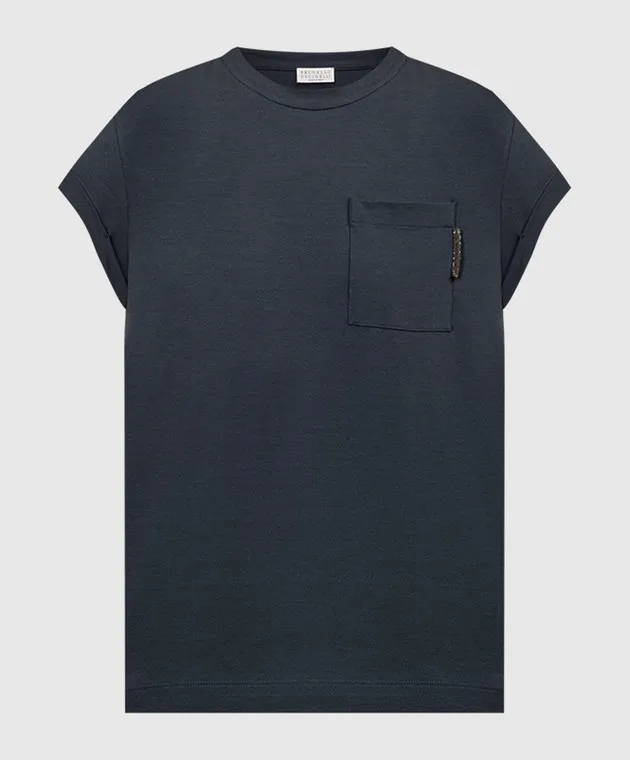 BRUNELLO CUCINELLI BLUE TSHIRT WITH MONIL CHAIN