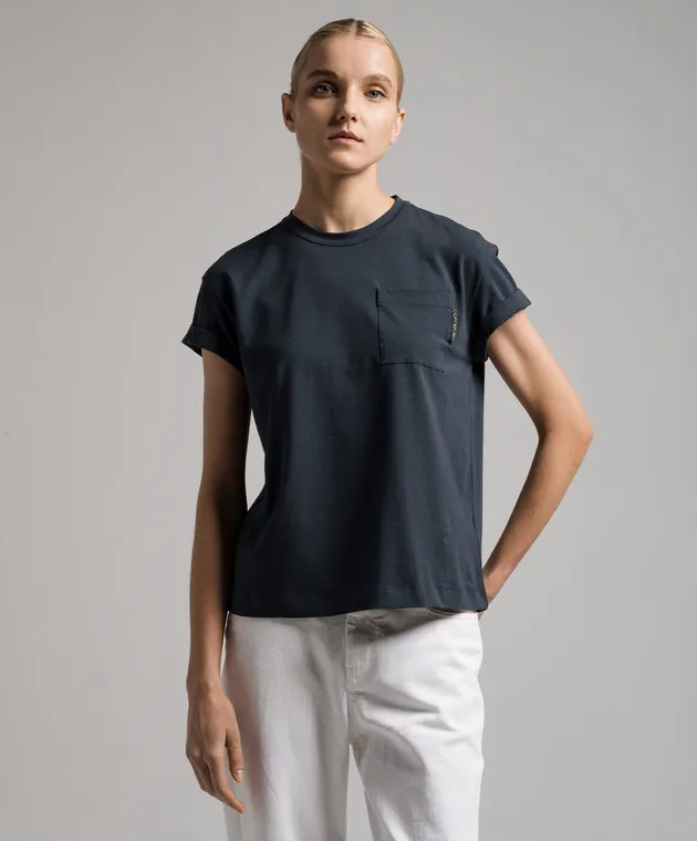 BRUNELLO CUCINELLI BLUE TSHIRT WITH MONIL CHAIN