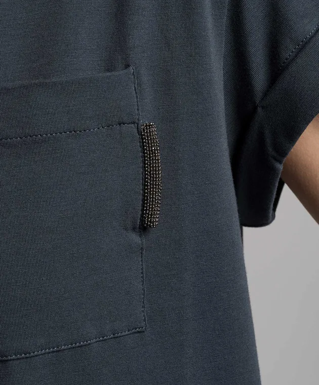 BRUNELLO CUCINELLI BLUE TSHIRT WITH MONIL CHAIN