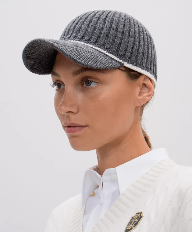Brunello Cucinelli Gray wool and cashmere cap with monil chain