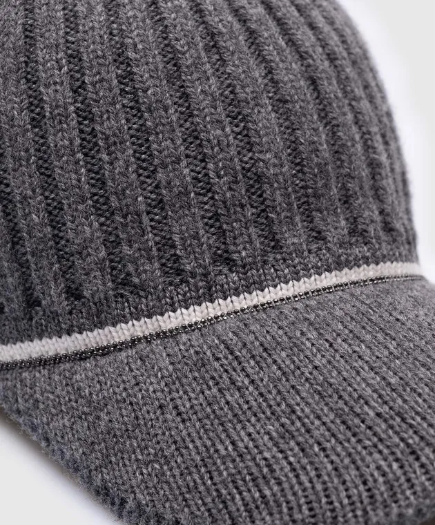 Brunello Cucinelli Gray wool and cashmere cap with monil chain