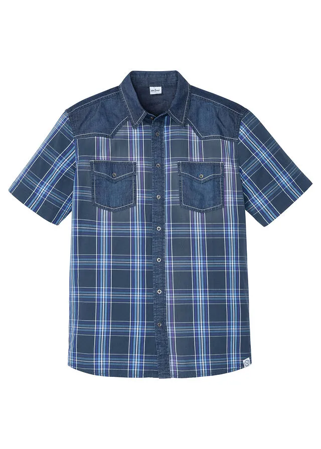 Camisa de manga corta con ribete vaquero Azul a cuadros