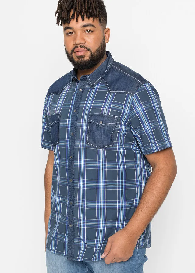 Camisa de manga corta con ribete vaquero Azul a cuadros