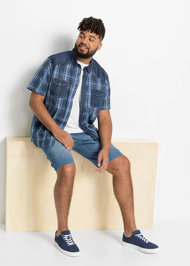 Camisa de manga corta con ribete vaquero Azul a cuadros
