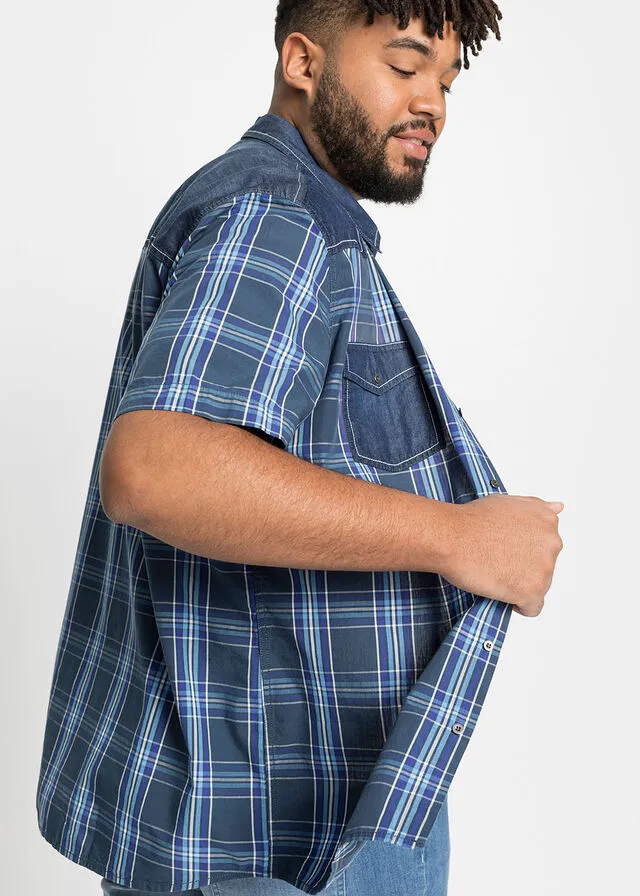 Camisa de manga corta con ribete vaquero Azul a cuadros
