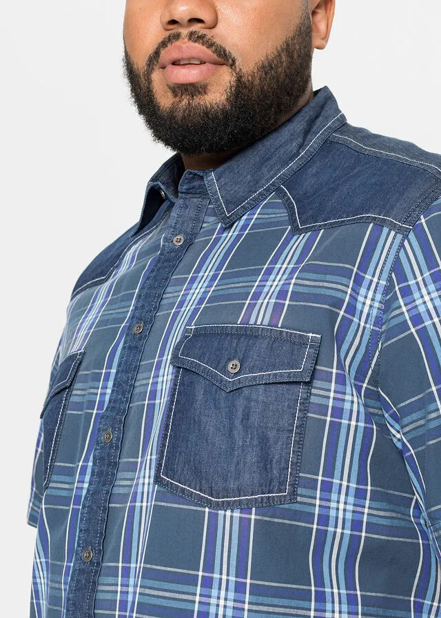 Camisa de manga corta con ribete vaquero Azul a cuadros