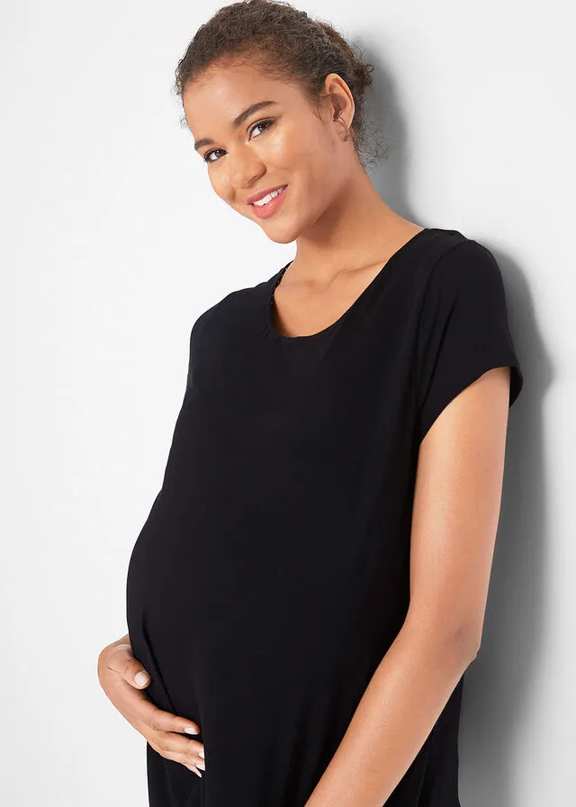 CAMISETA DE MATERNIDAD CON FUNCIóN PARA LACTANCIA NEGROBLANCO DE RAYAS