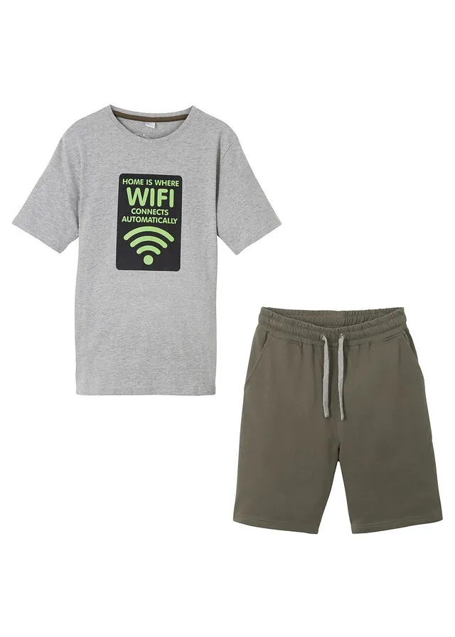 CAMISETA Y BERMUDAS DE CHáNDAL PARA NIñOS (2 PIEZAS) GRIS CLARO JASPEADOVERDE OLIVA OSCURO