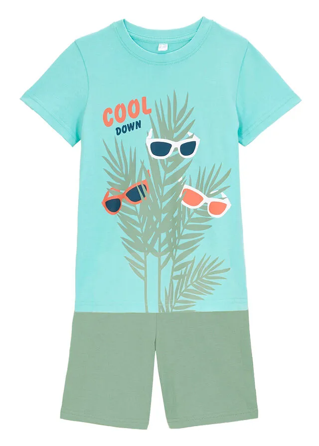 Camiseta y pantalón corto para niños (2 piezas) Verde aguamarina estampado + verde pino