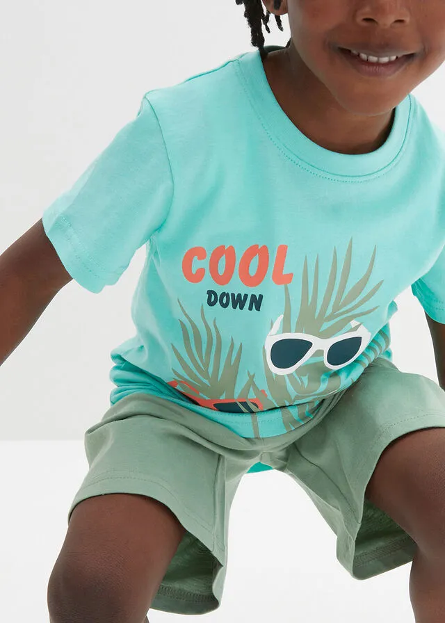 Camiseta y pantalón corto para niños (2 piezas) Verde aguamarina estampado + verde pino