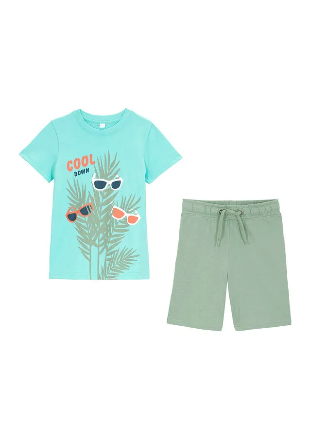 Camiseta y pantalón corto para niños (2 piezas) Verde aguamarina estampado + verde pino