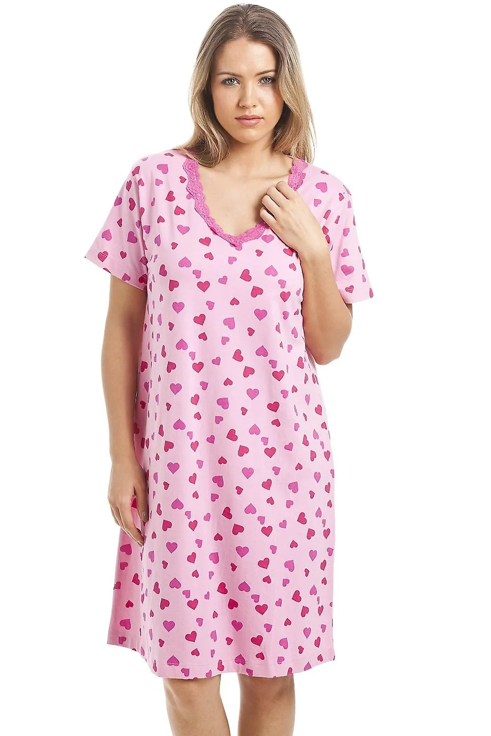 Camisón Camille Rosa hasta la rodilla de manga corta con estampado de corazón para mujer