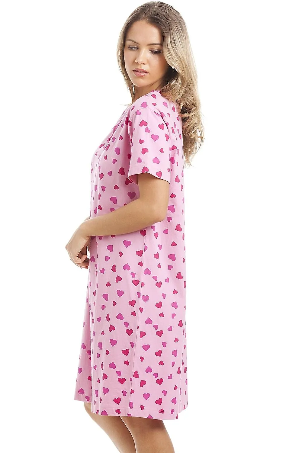 Camisón Camille Rosa hasta la rodilla de manga corta con estampado de corazón para mujer