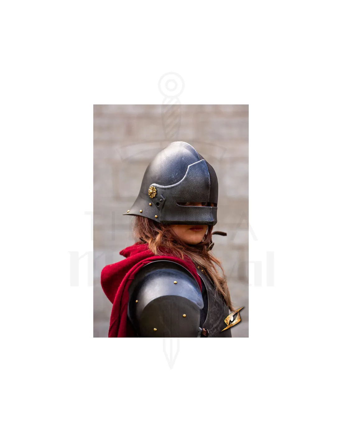 Casco Sallet medieval de mercenario modelo Renegade, acabado ennegrecido