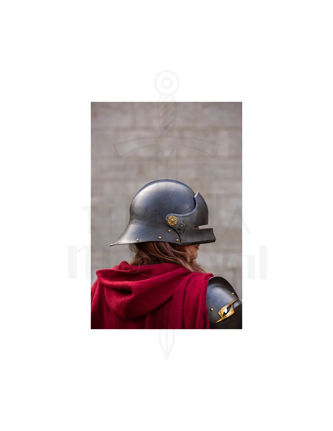 Casco Sallet medieval de mercenario modelo Renegade, acabado ennegrecido