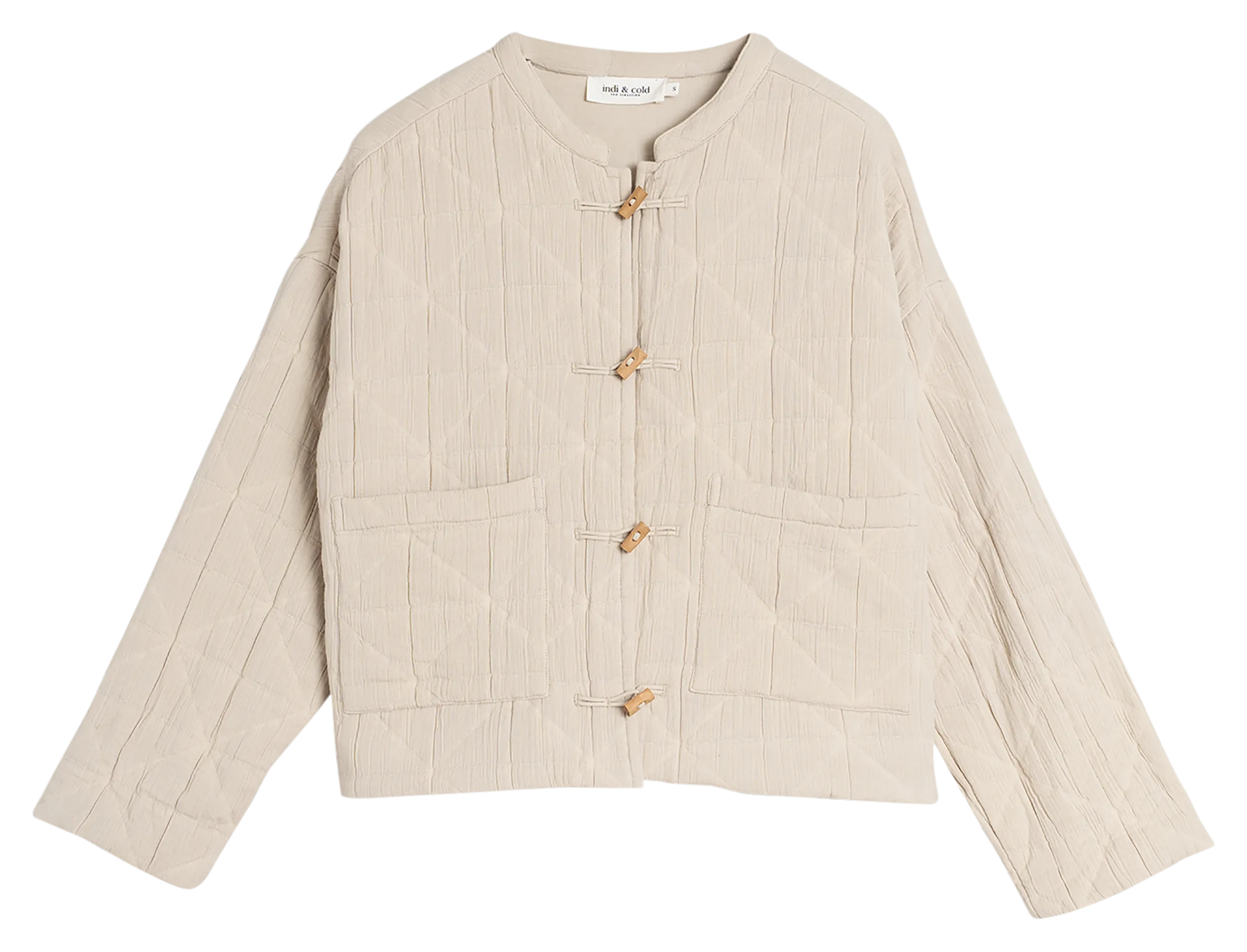 Chaqueta de algodón estampada con cuello redondo holgado. en beige