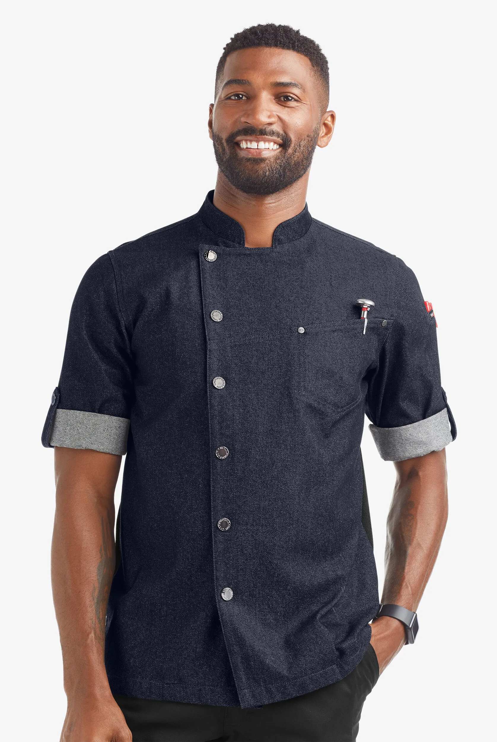 Chaqueta de gastronomía Industry Line Asymmetrical Premium de tela vaquera con mangas enrolladas y paneles traseros de ma