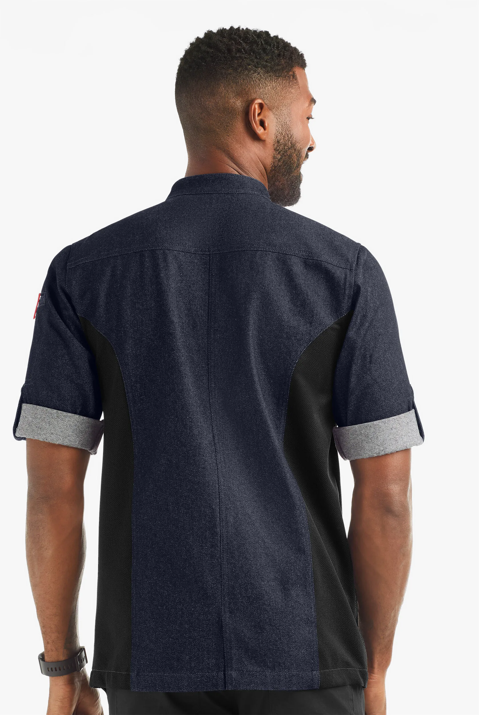 Chaqueta de gastronomía Industry Line Asymmetrical Premium de tela vaquera con mangas enrolladas y paneles traseros de ma