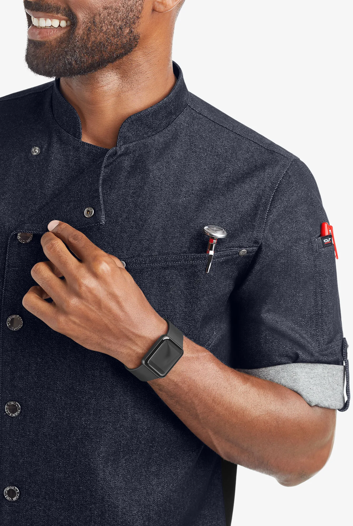 Chaqueta de gastronomía Industry Line Asymmetrical Premium de tela vaquera con mangas enrolladas y paneles traseros de ma