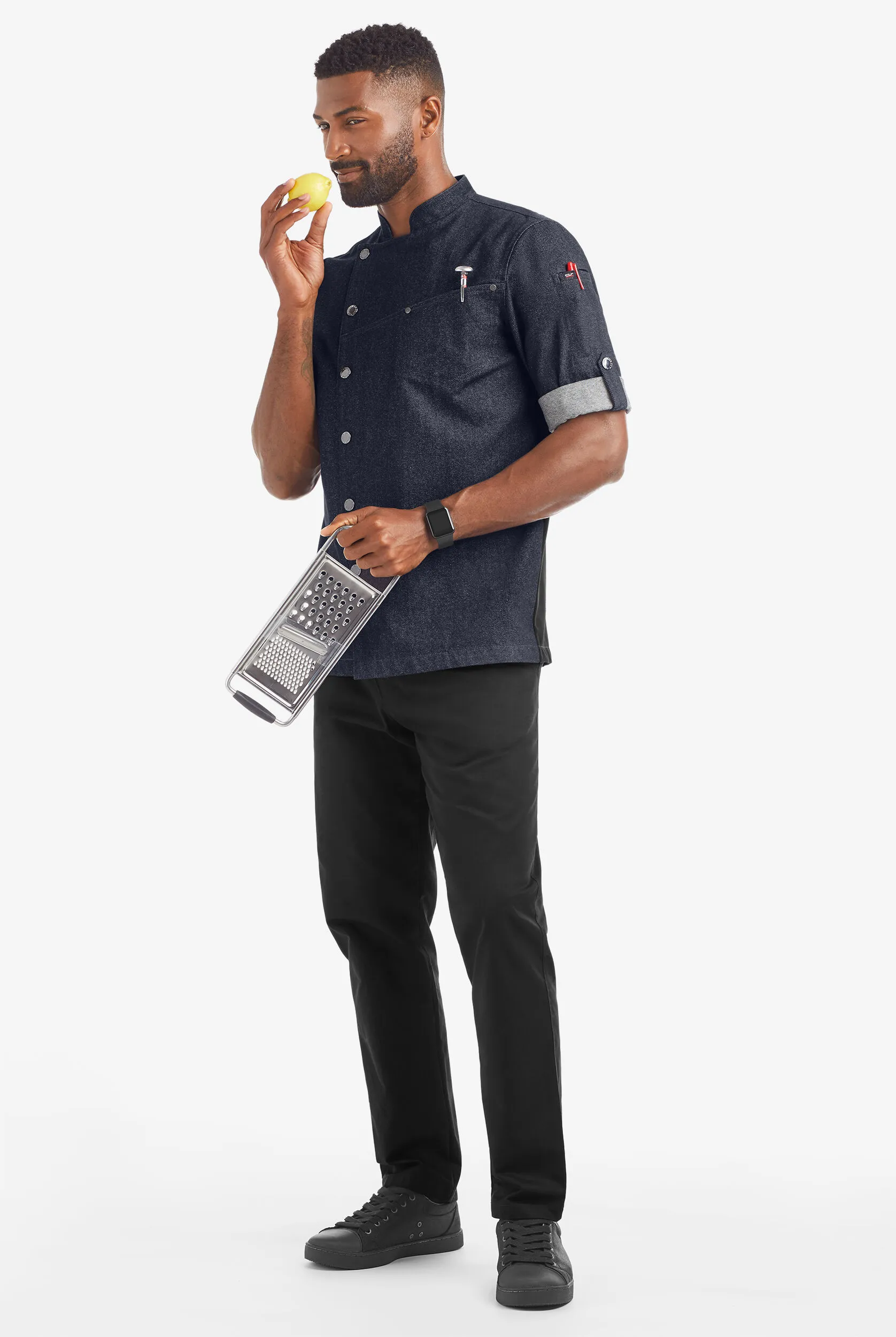 Chaqueta de gastronomía Industry Line Asymmetrical Premium de tela vaquera con mangas enrolladas y paneles traseros de ma
