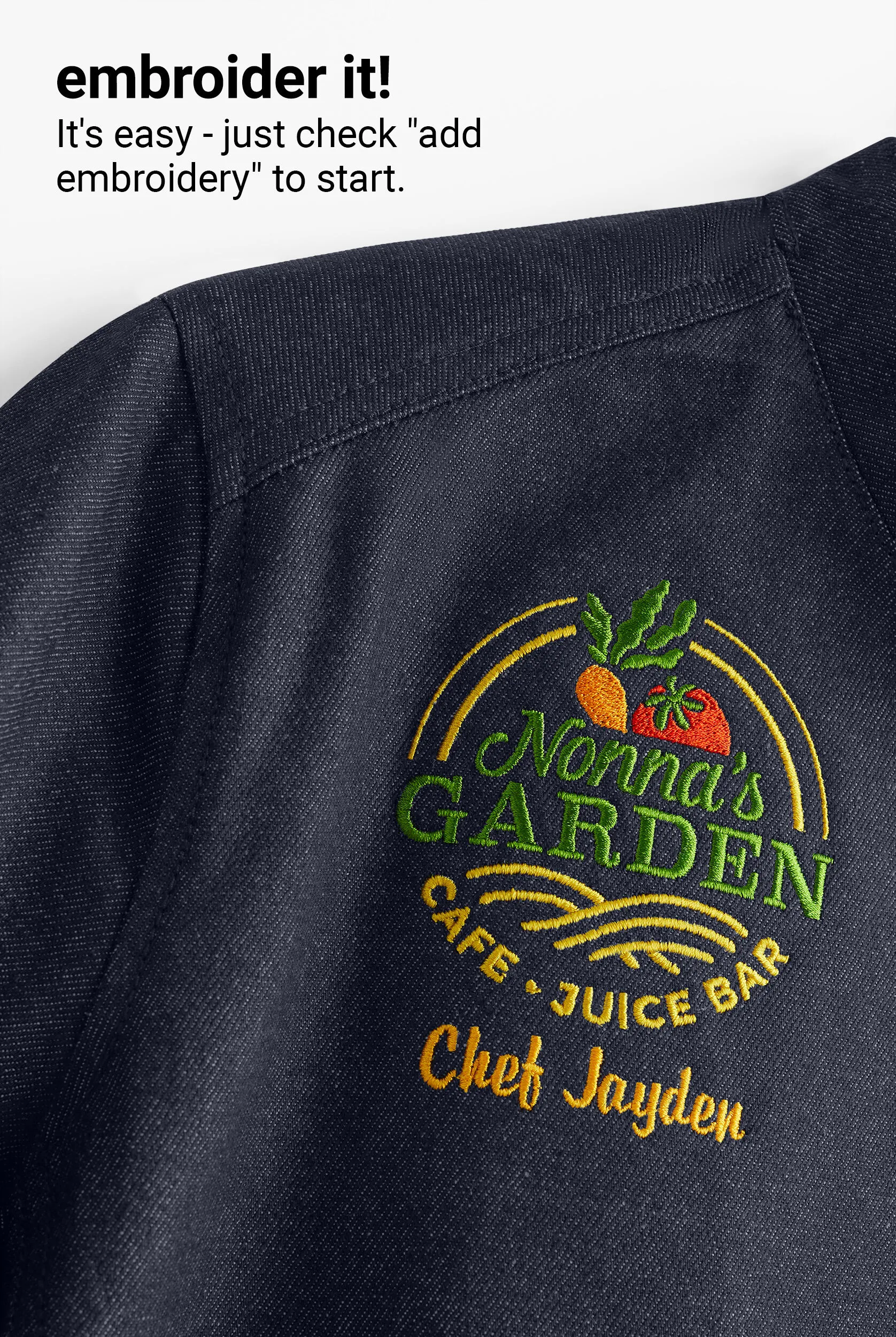 Chaqueta de gastronomía Industry Line Asymmetrical Premium de tela vaquera con mangas enrolladas y paneles traseros de ma