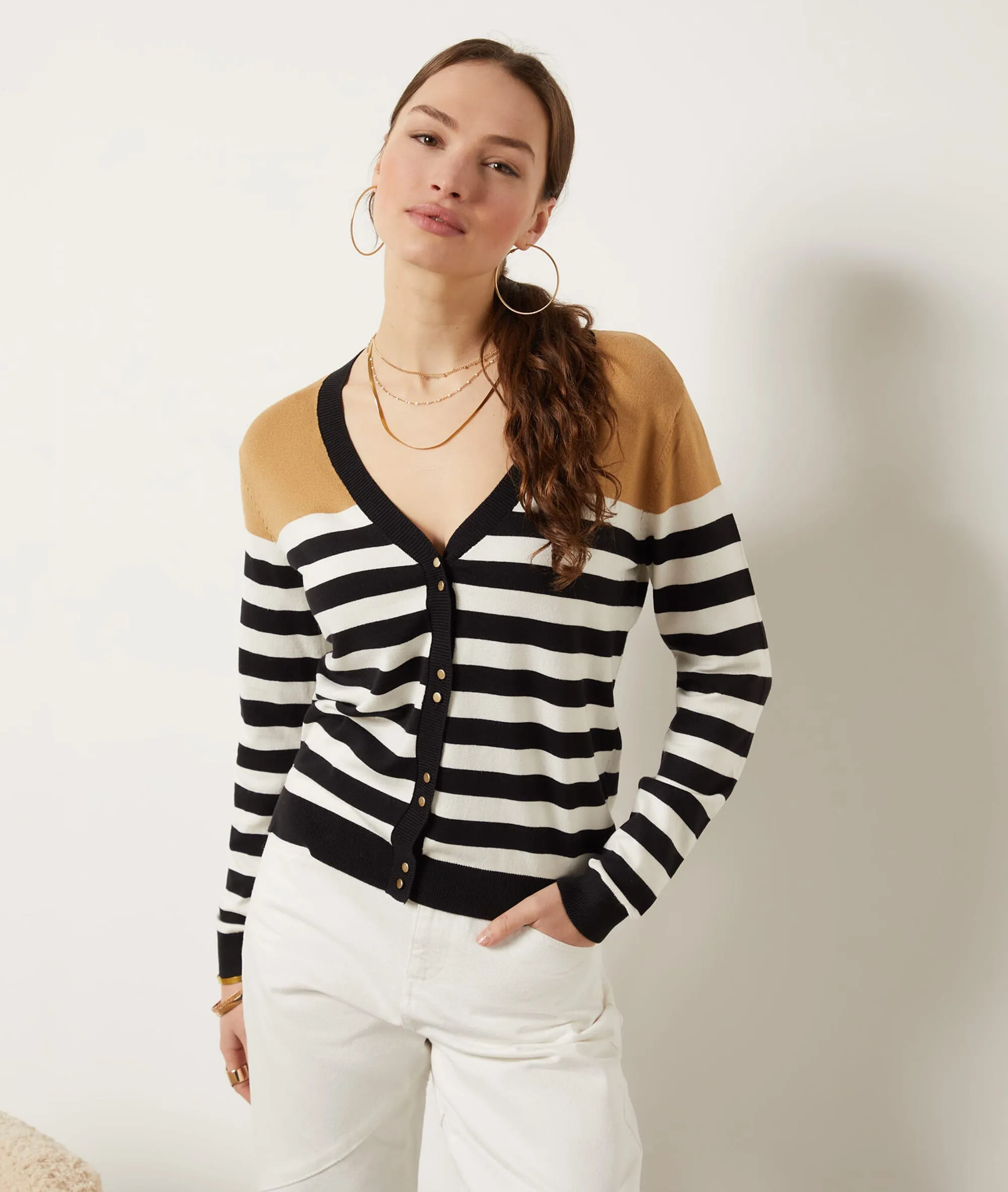CHAQUETA FINA DE PUNTO, ESTAMPADO RAYAS ADDISON IMP FD BLANC  ETAM