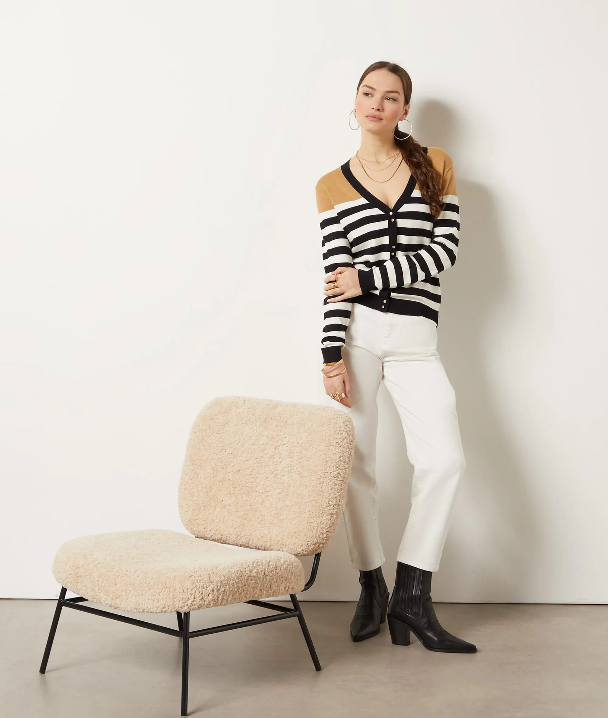 CHAQUETA FINA DE PUNTO, ESTAMPADO RAYAS ADDISON IMP FD BLANC  ETAM