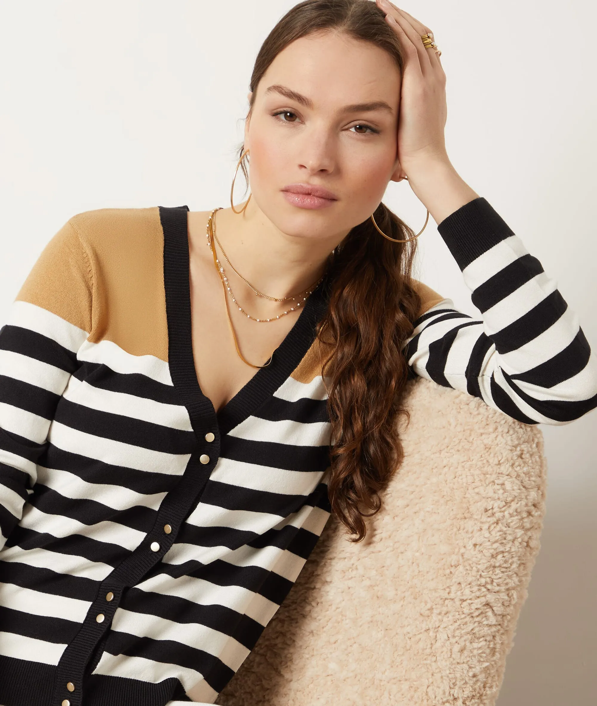 CHAQUETA FINA DE PUNTO, ESTAMPADO RAYAS ADDISON IMP FD BLANC  ETAM