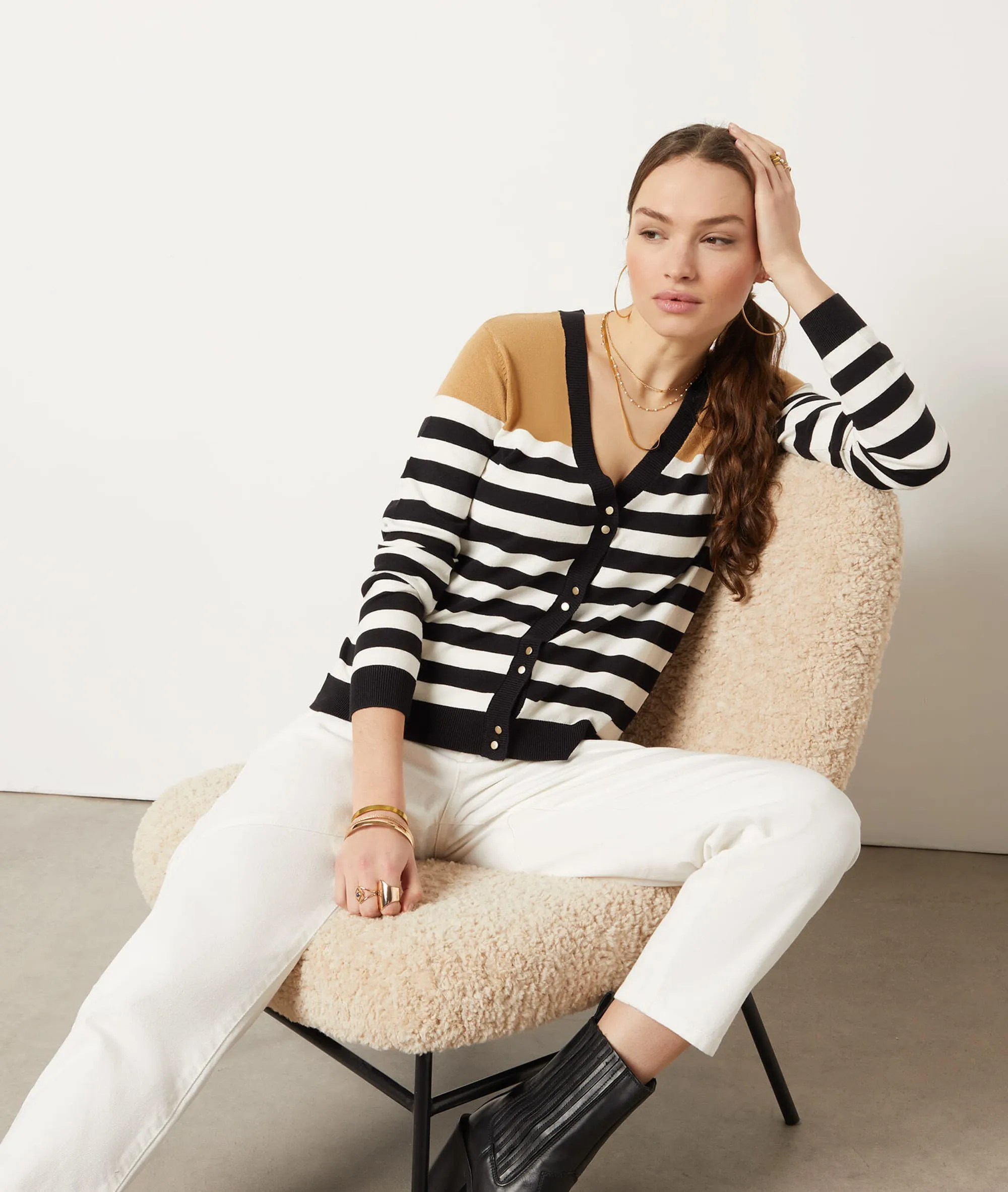 CHAQUETA FINA DE PUNTO, ESTAMPADO RAYAS ADDISON IMP FD BLANC  ETAM