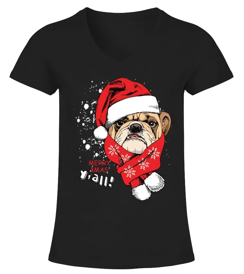 CHRISTMAS BULLDOG SANTA Camiseta cuello pico Mujer