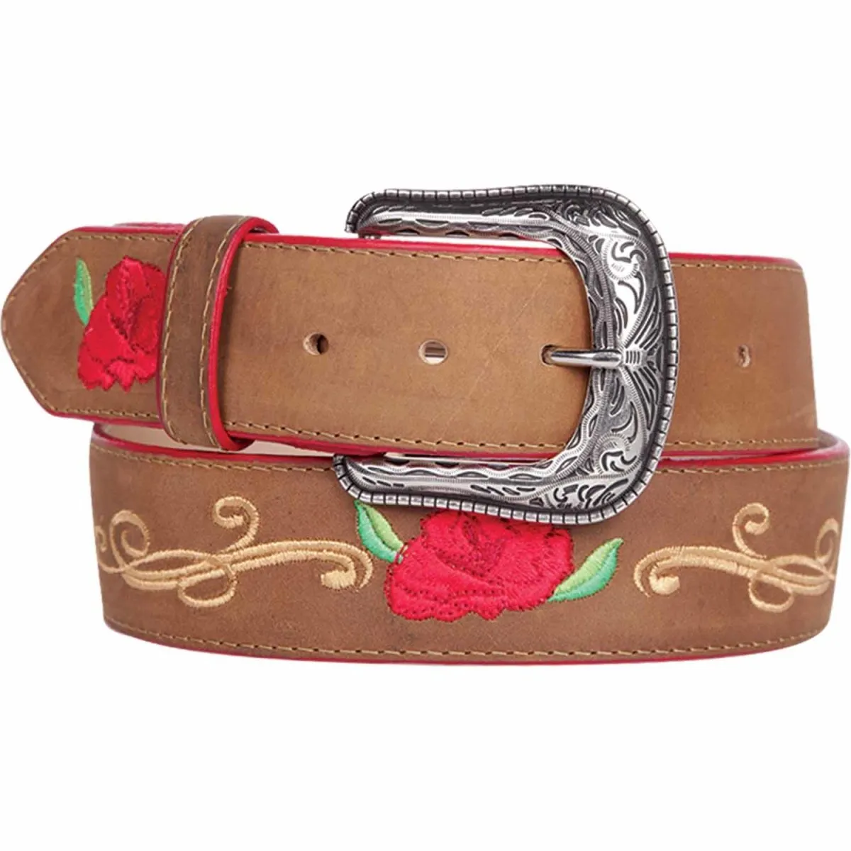 CINTO VAQUERO PARA MUJER DE CUERO ORIGINAL COLOR MIEL CON ROSAS QC99