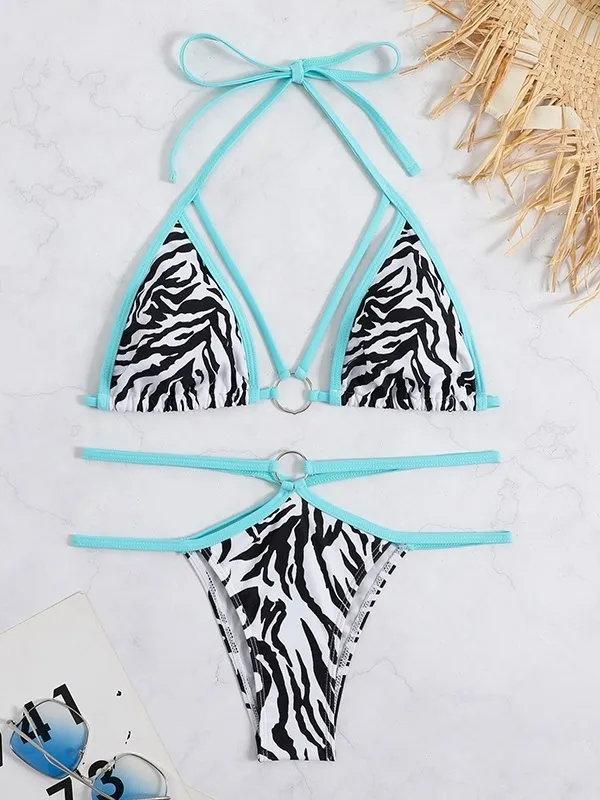 Conjunto de bikini con aro en O de rayas de cebra