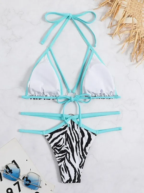 Conjunto de bikini con aro en O de rayas de cebra