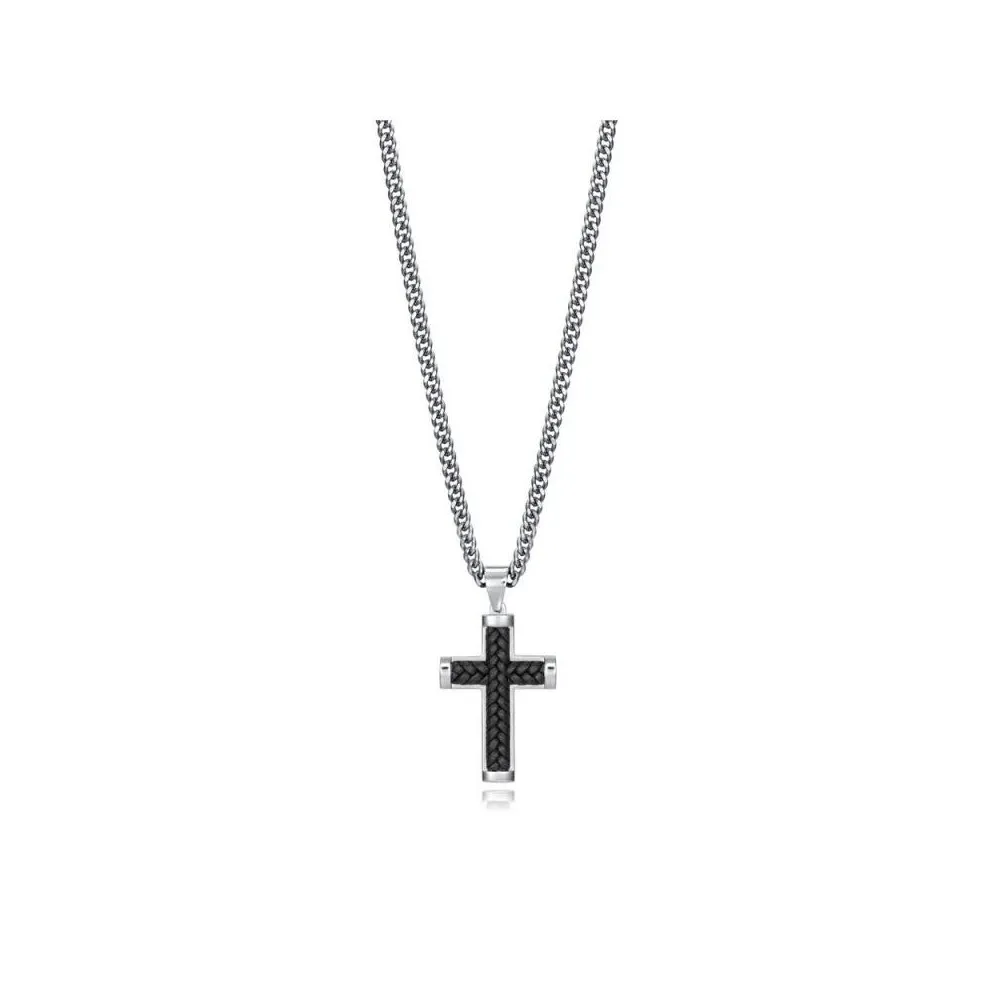 Cruz de acero con piel negra trenzada con cadena a juego para hombre