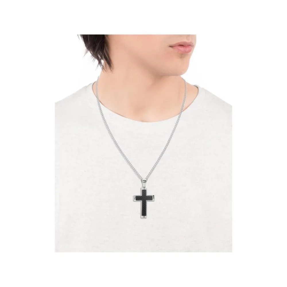 Cruz de acero con piel negra trenzada con cadena a juego para hombre