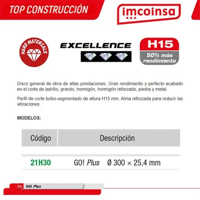 Disco General Obra IMCOINSA GoPlus 300X25.4 H15 Excellence