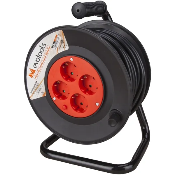 EVOTOOLS  677051  CARRETE DE CABLE ELéCTRICO, 15 M, 4 ENCHUFES, CON ASA