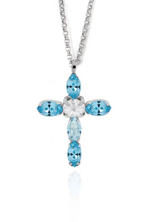 GARGANTILLA DE PLATA CRUZ CON PIEDRAS DE COLOR AZUL Y BLANCO 273_A372610HG